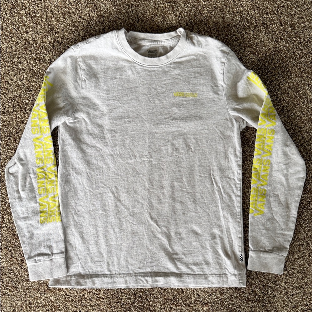 Vans Men's Beige with Neon Yellow logos -Long Sleeve Tee size medium
